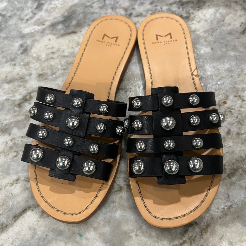 Marc Fisher Ltd Pava Black Studded Leather Sandals Size 5.5